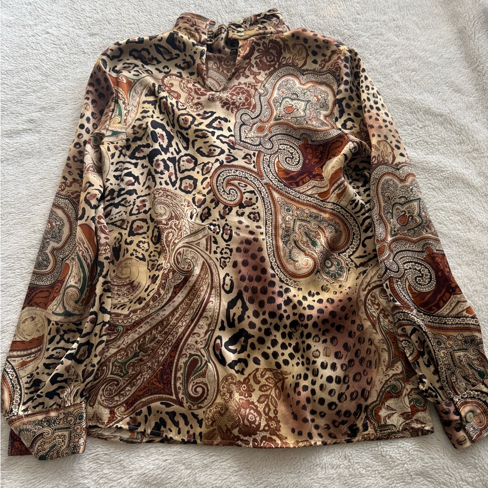 Womens Long Sleeve Paisley & Animal Print Blouse - Tan Multi